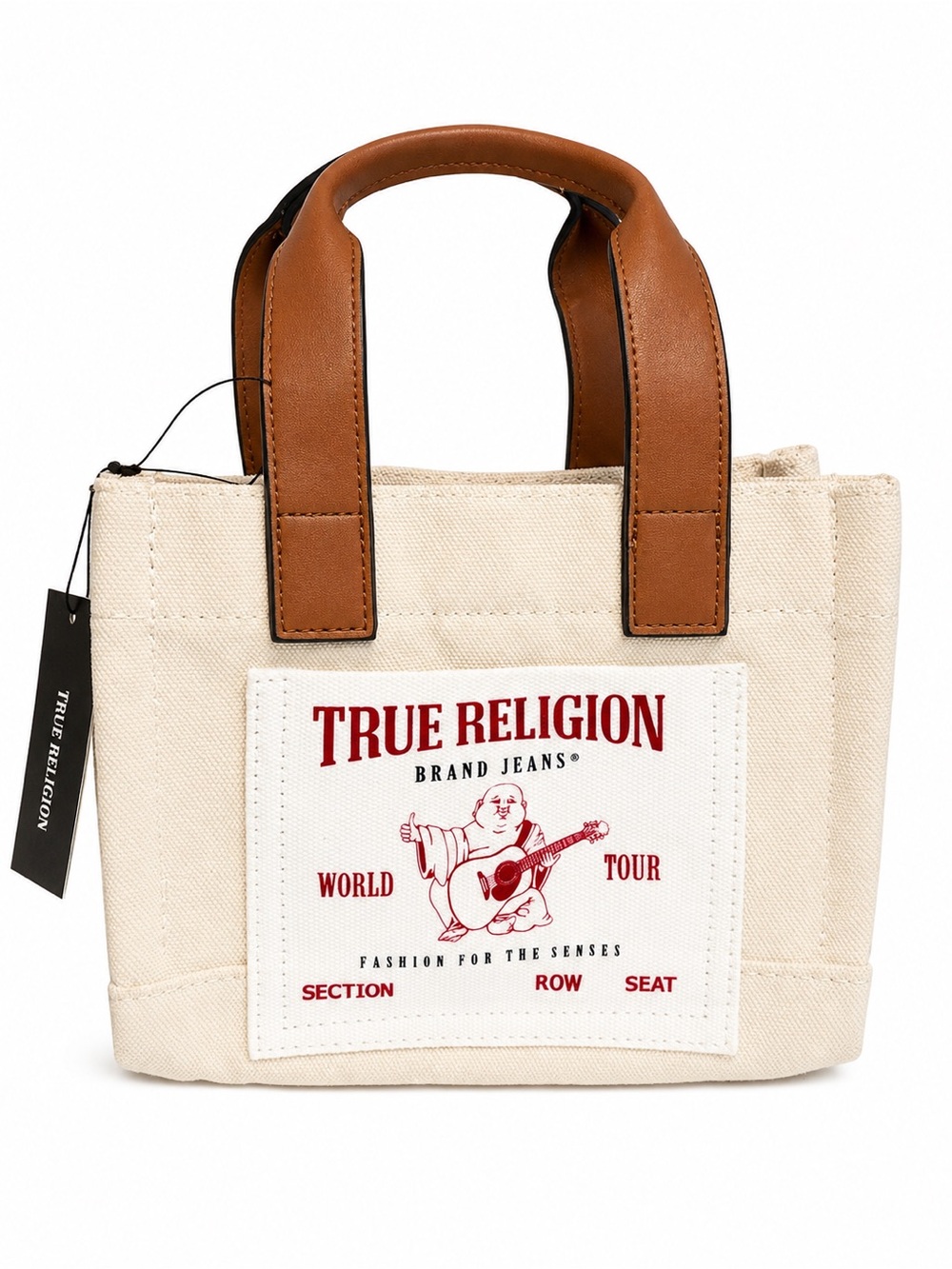 True Religion Cream Canvas Tote with Brown Leather Handles and Red Logo